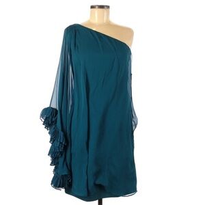 Mikael Aghal 100% Silk One Shoulder Teal ruffle sleeve Flowy Midi Dress sz 6
